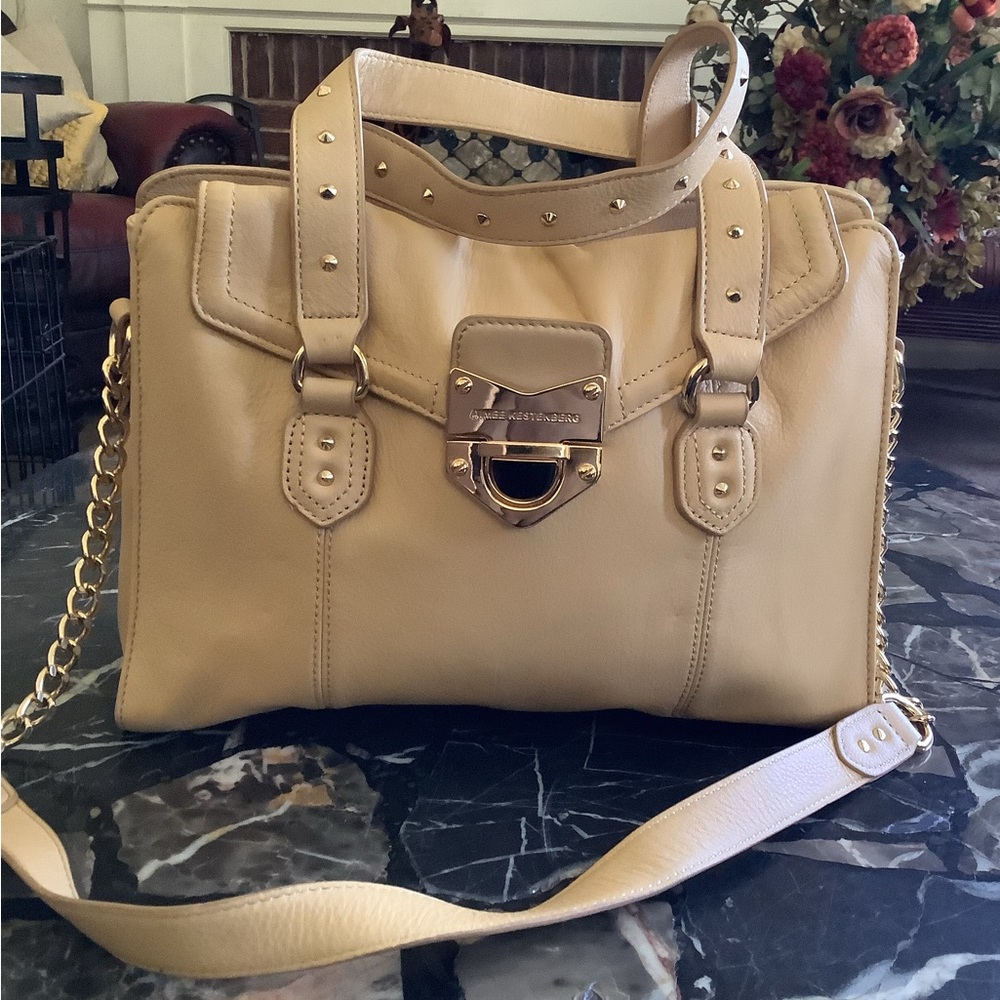 Aimee kestenberg large nude pebbled leather gold studded crossbody bag 13x10